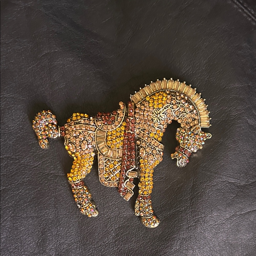 Golden Bejeweled Horse Brooch
